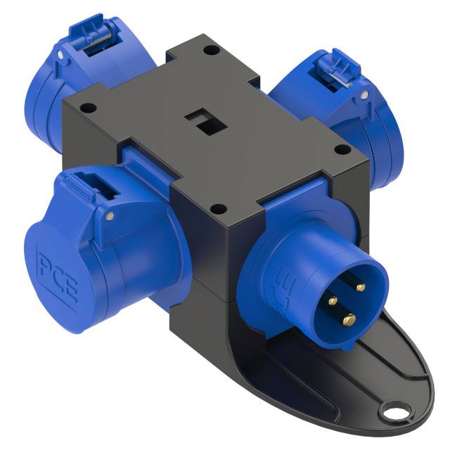 Blue four-pole connector in a robust, black plastic housing with blue sockets connected on three sides.