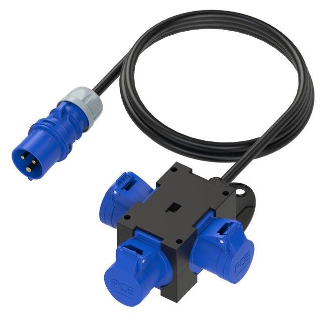 A blue CEE extension cable with three power sockets and one plug, suitable for power distribution in industrial environments.