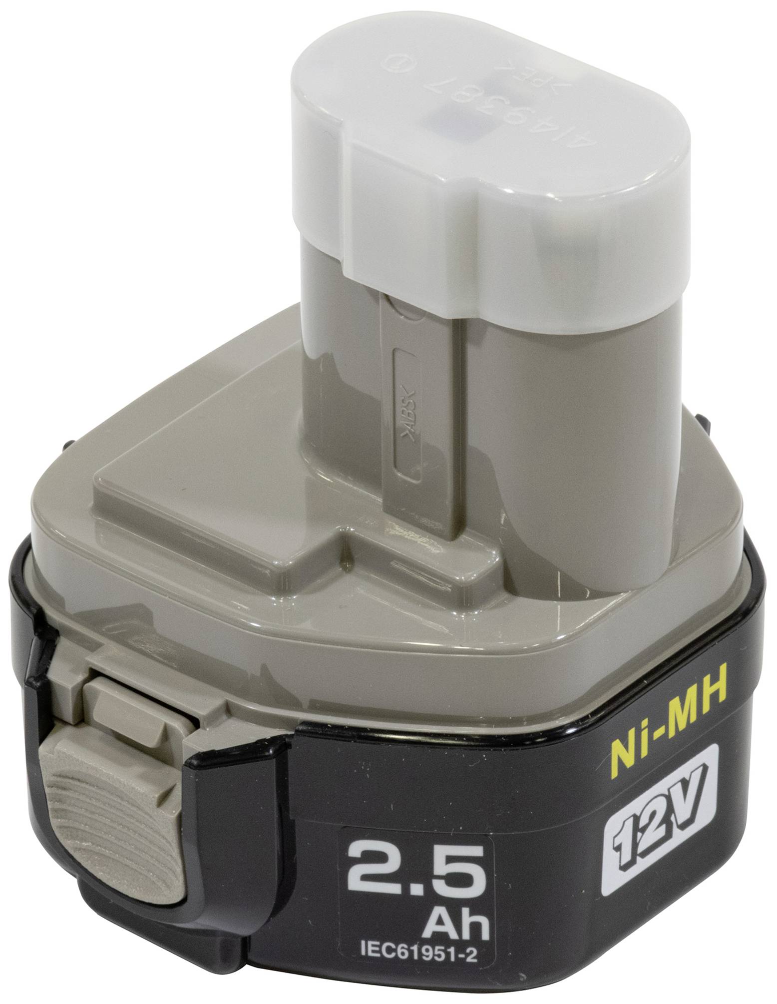 12-Volt NiMH battery with 2.5 Ah, compact design, suitable for portable tools or devices.