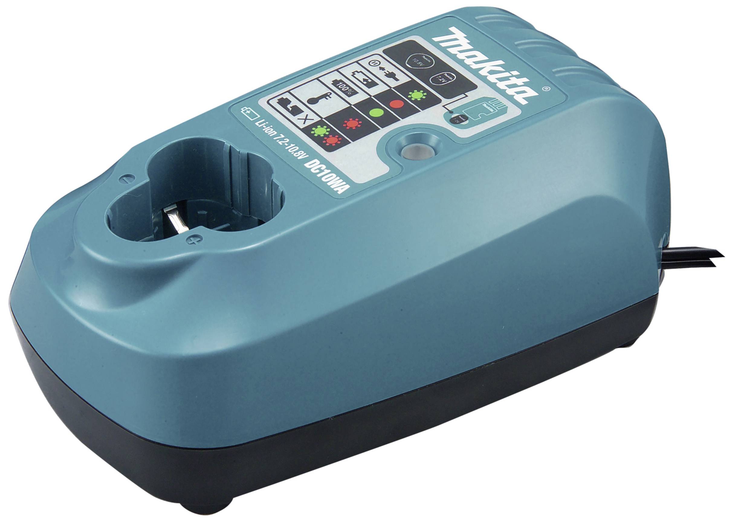 Turquoise battery charger with LED status indicators. Top surface displays brand logo and charging specifications.