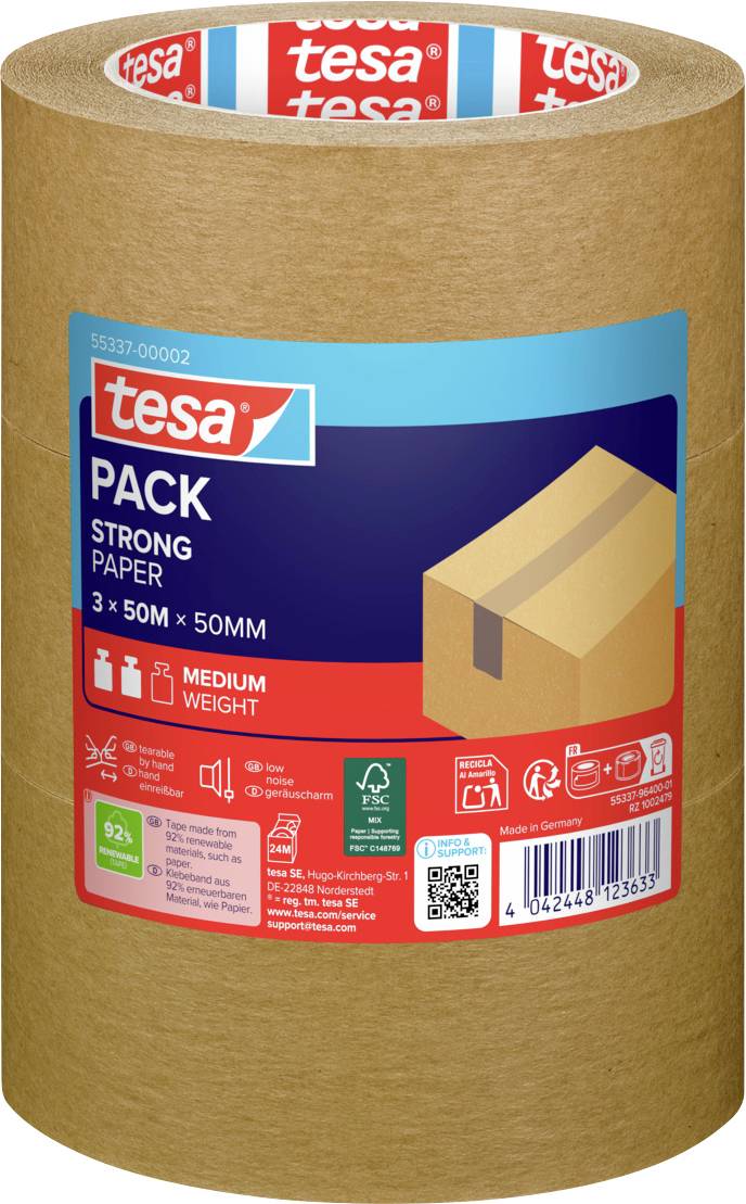 A roll of brown packaging tape by 'tesa', made of paper, with an indication of 60% bio-based materials and FSC certification.