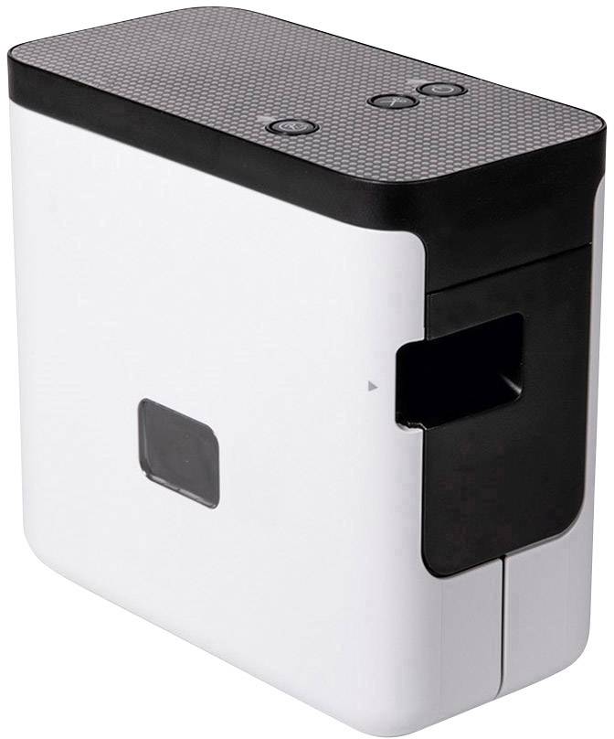 A white, rectangular projector with black accents and buttons on the top surface.