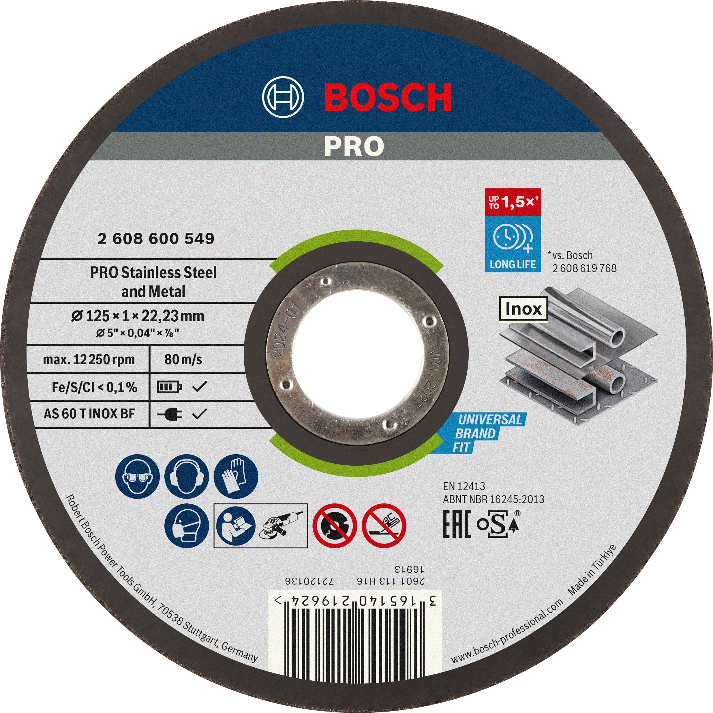 Round Bosch grinding disc, suitable for stainless steel and metal, diameter 125 mm, thickness 1 mm, maximum rotation 12,250 per minute.