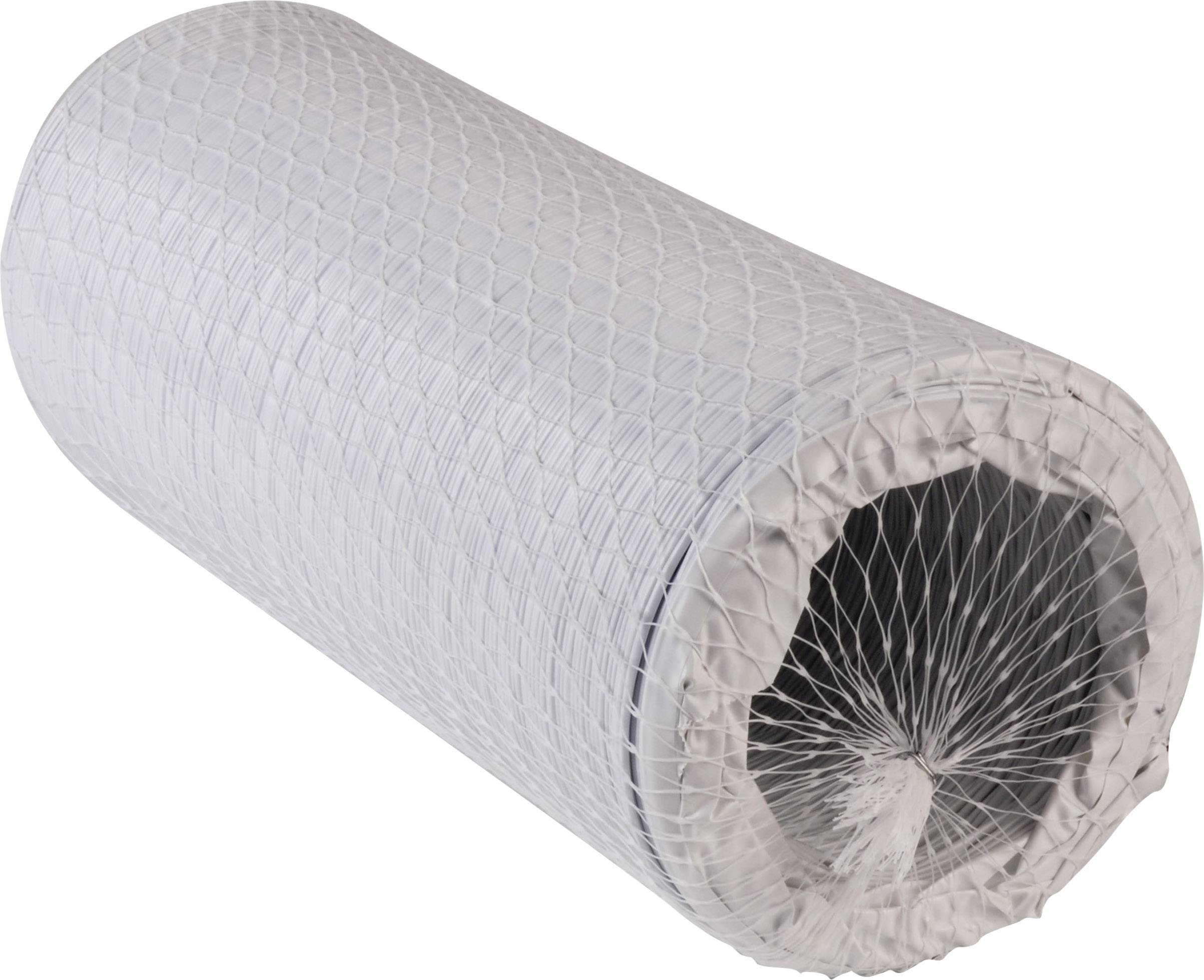 A white, rolled mattress, partially wrapped in protective film, lies on its side.
