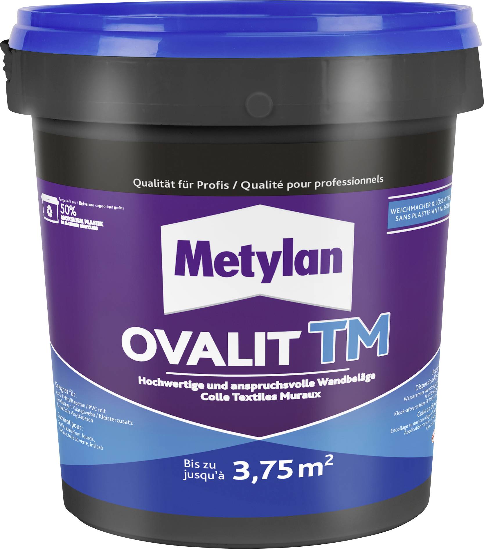 A bucket of Metylan Ovalit TM, a paste for professional wall coverings, labeled to cover up to 3.75 square meters.