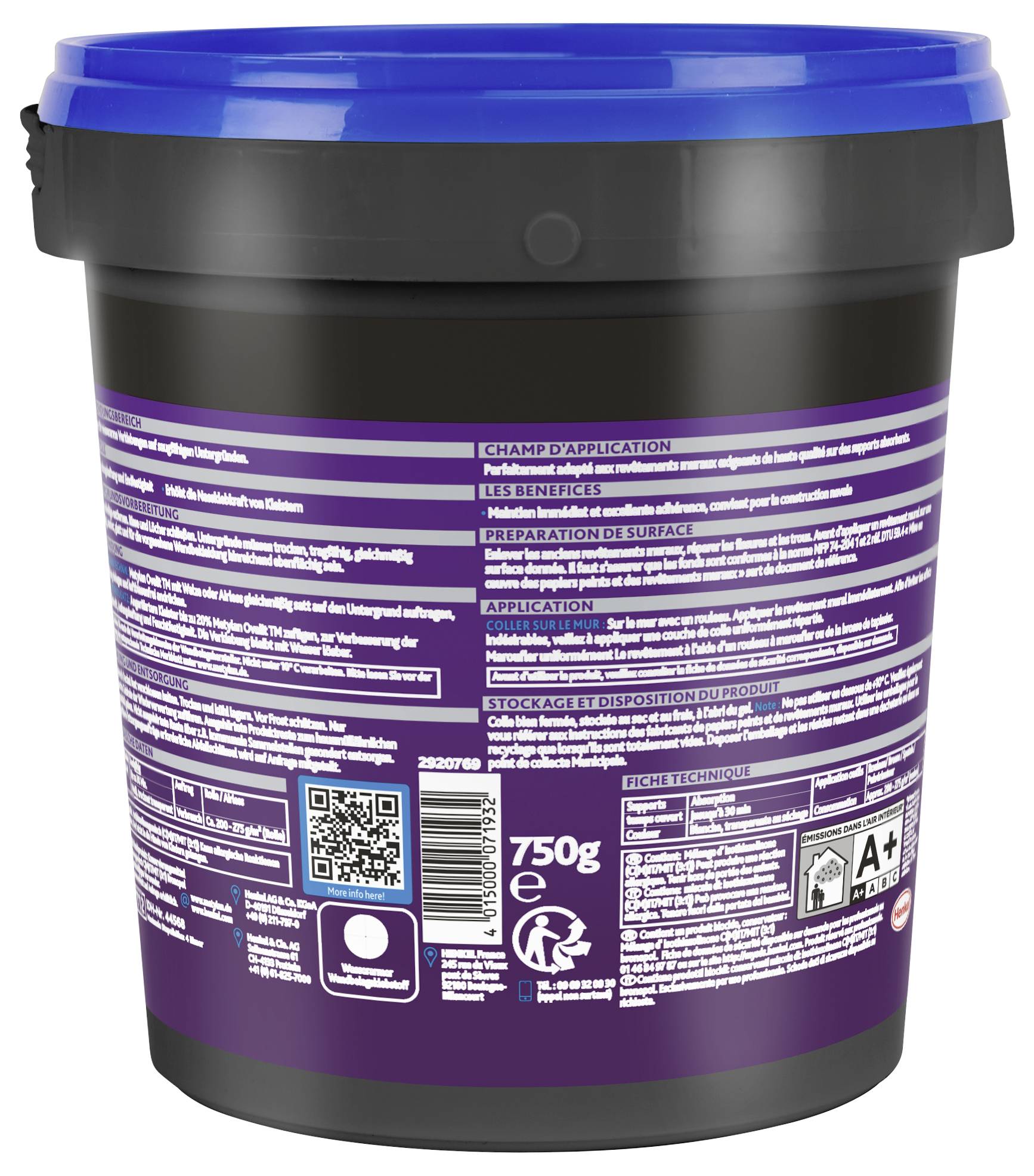 A black and purple container with a blue lid displaying product information and usage instructions in multiple languages.
