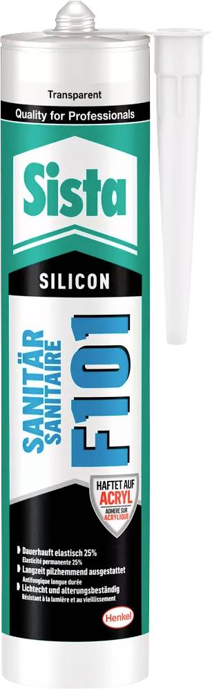 A tube of silicone sealant, 'Sista Sanitary F101', suitable for bathrooms, with elastic properties and moisture resistance.