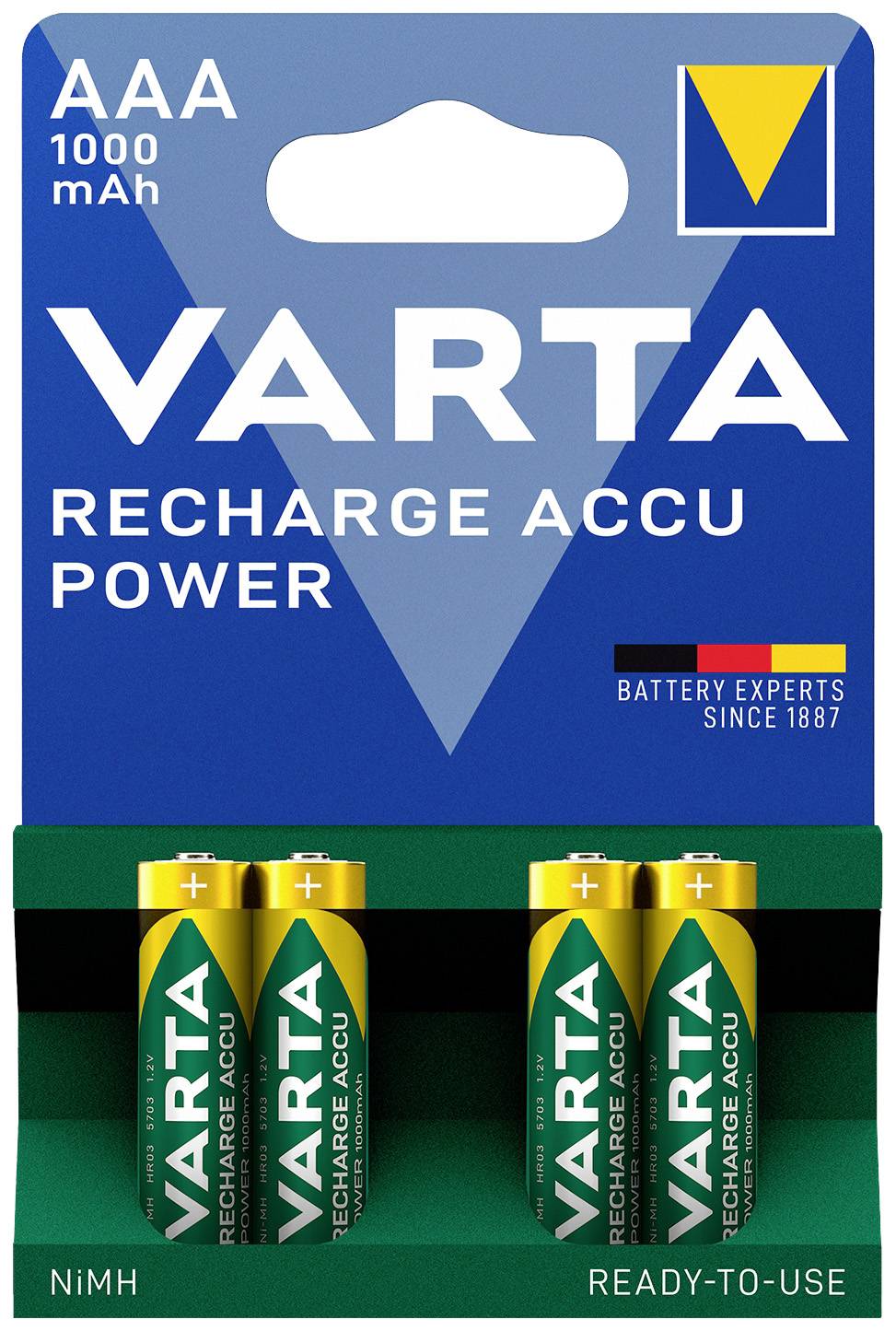 Four AAA rechargeable batteries by Varta with 1000 mAh, on a green and blue packaging with the Varta logo.