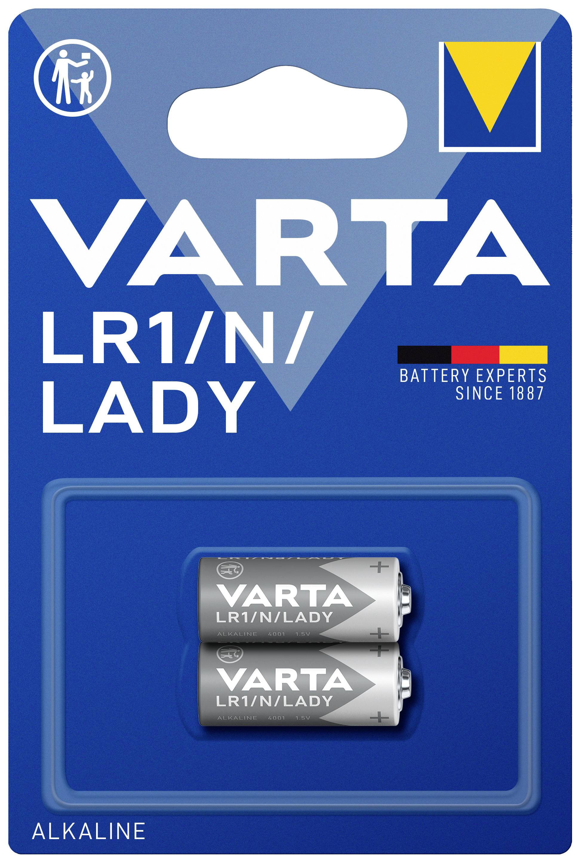 'VARTA LR1 Batteries', two alkaline batteries on a blue background in a blister pack, manufacturer's logo, battery experts since 1887.