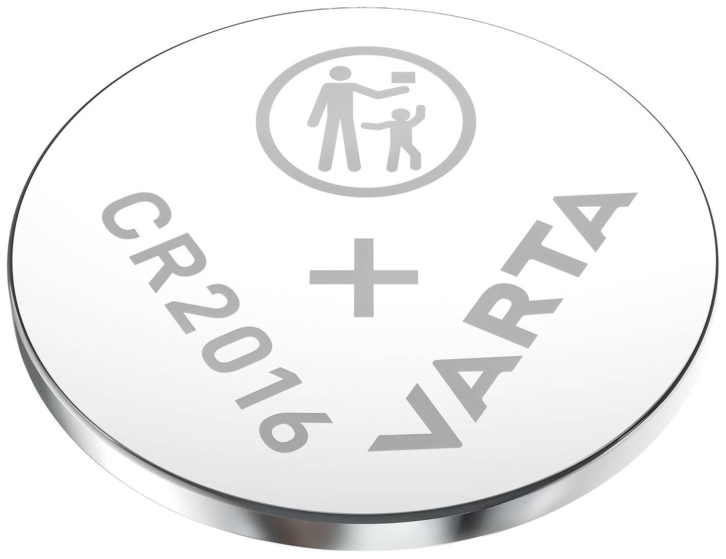 CR2016 button cell by Varta with plus sign and child safety symbol.