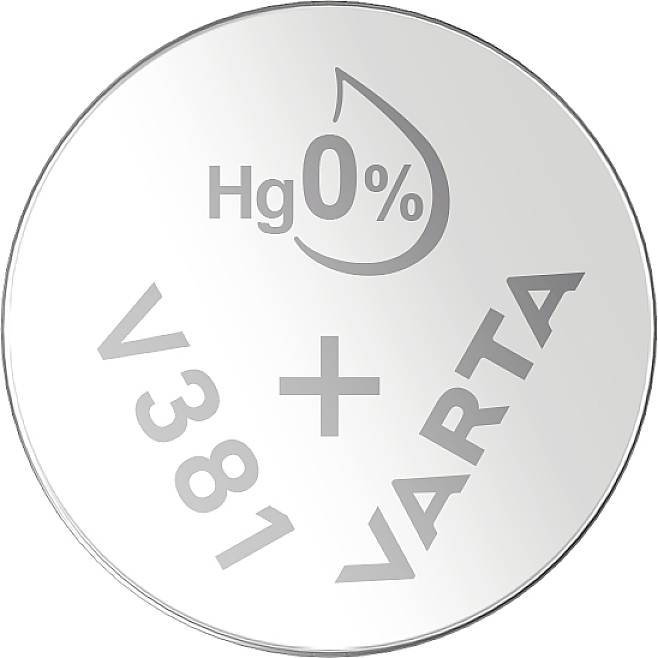 'VARTA' button cell battery with the inscription 'Hg 0%', model number 'V381'. No mercury content.