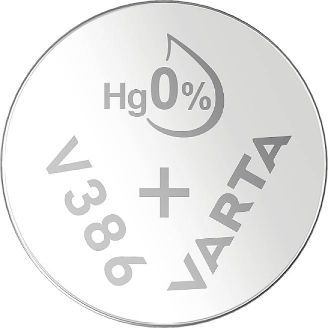 Round silver battery with inscription 'Hg 0%' for mercury-free, 'V386', '+' symbol and 'VARTA'.