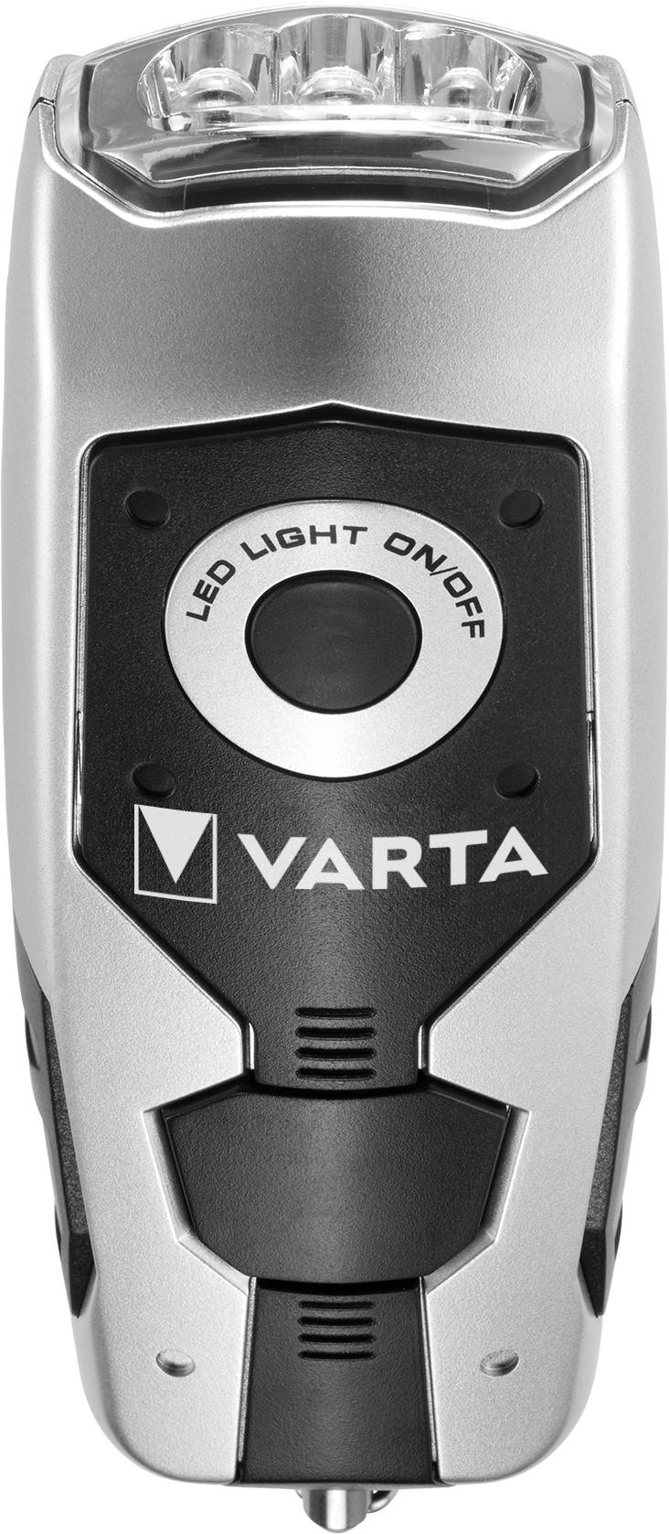 Varta torch, silver-black, with LED light on/off switch, suitable for emergency lighting or camping purposes.