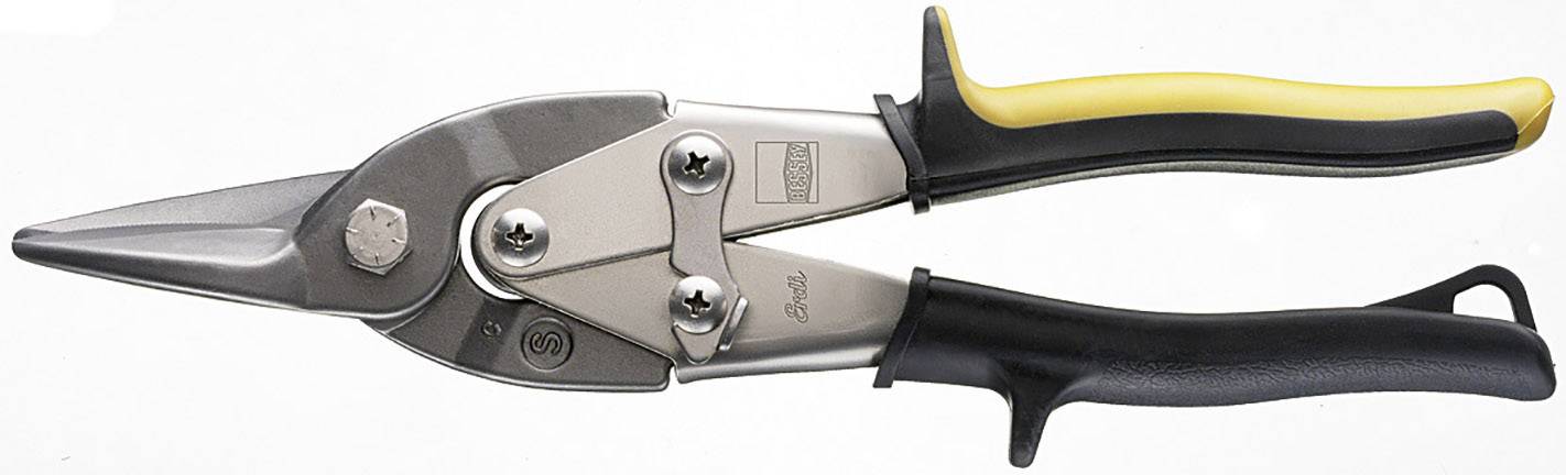 A silver metal scissors with black and yellow handles on a white background. It is used for cutting metal.