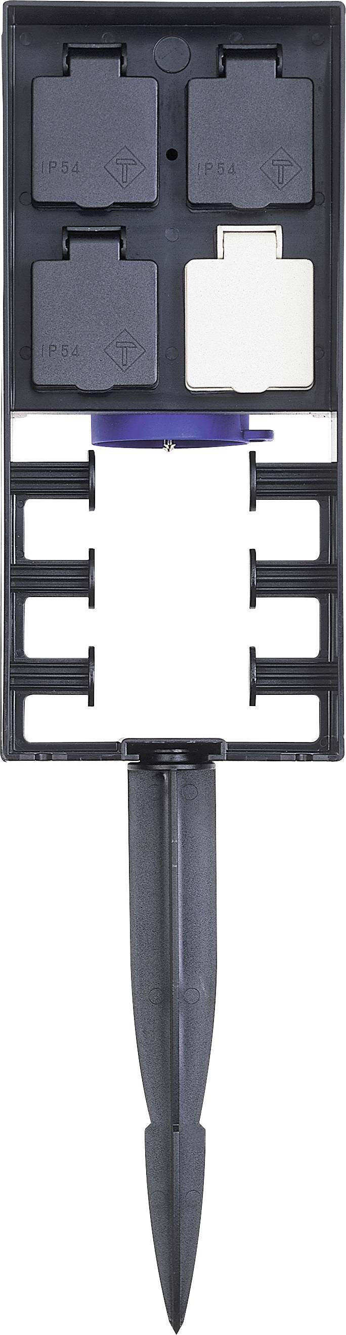 A black and white modular garden irrigation manifold with four outlets and a ground spike for secure installation.