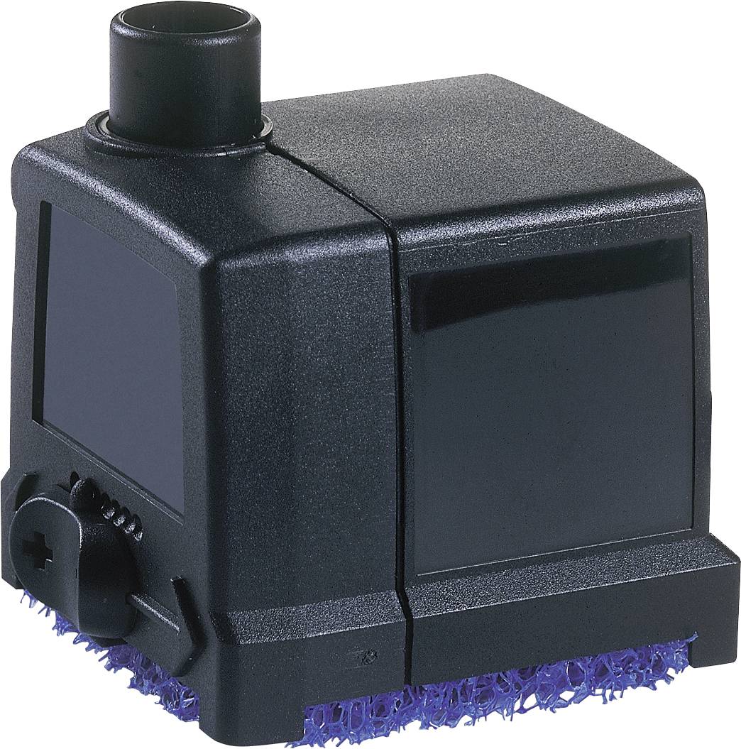 Aquarium filter pump with a black casing and blue sponge base for water filtration.