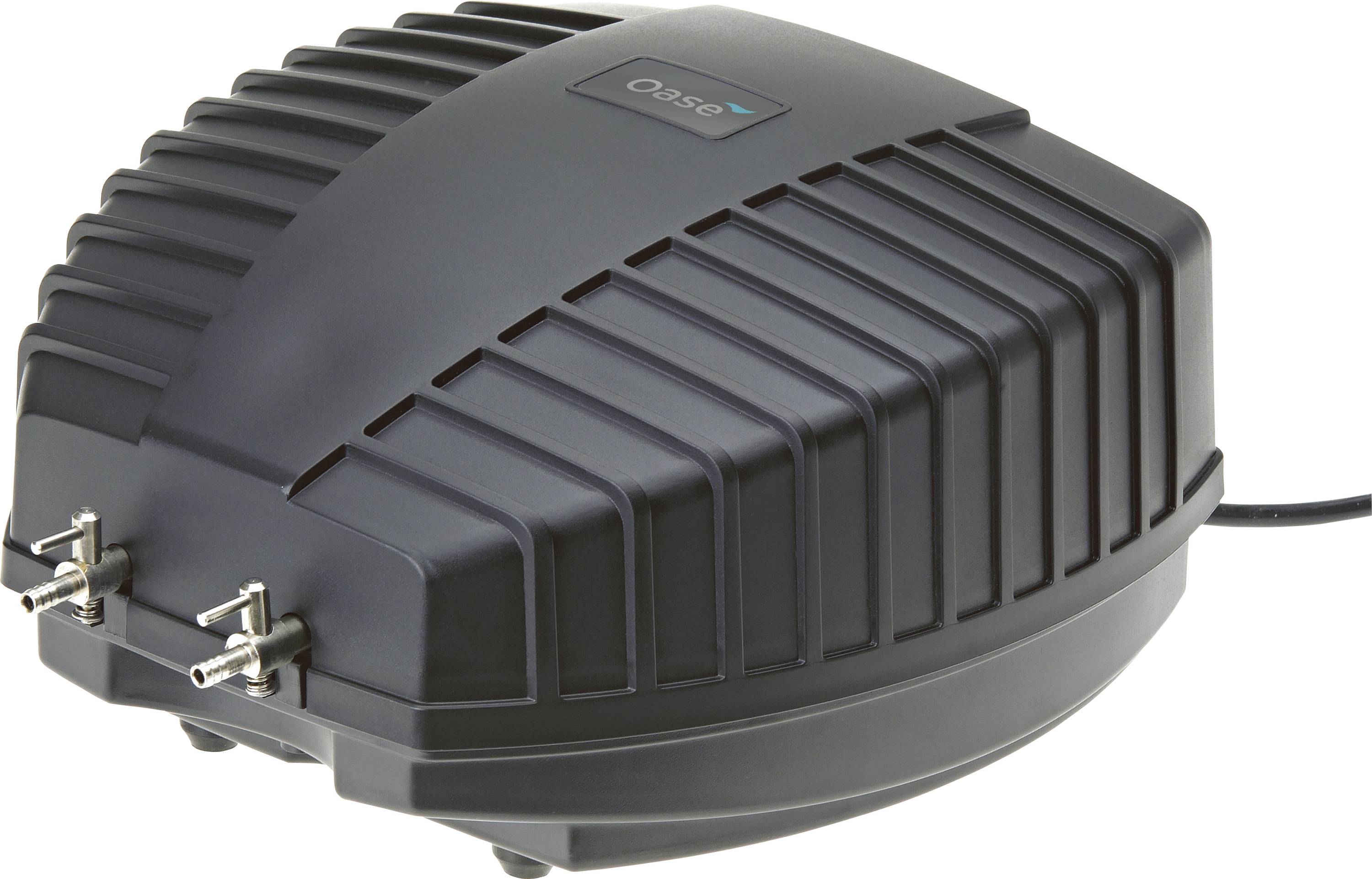 A black, ribbed air pump with two outlets and a power cord, used for pond aeration, enhancing water oxygenation.
