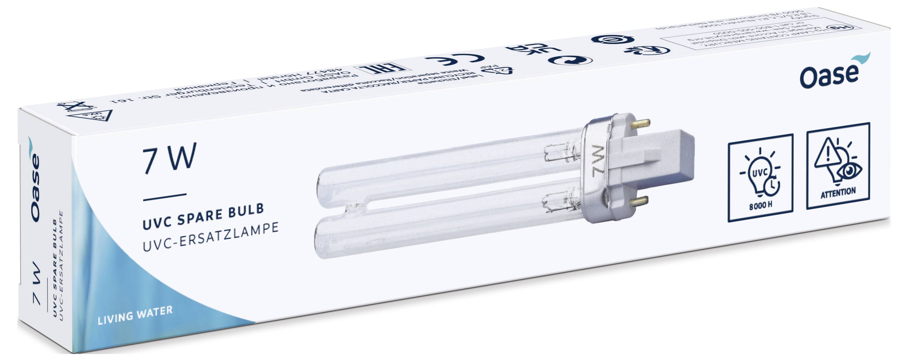 A box labeled 'Oase 7W UVC Spare Bulb' shows the bulb with icons indicating UVC light and an exclamation mark for caution.