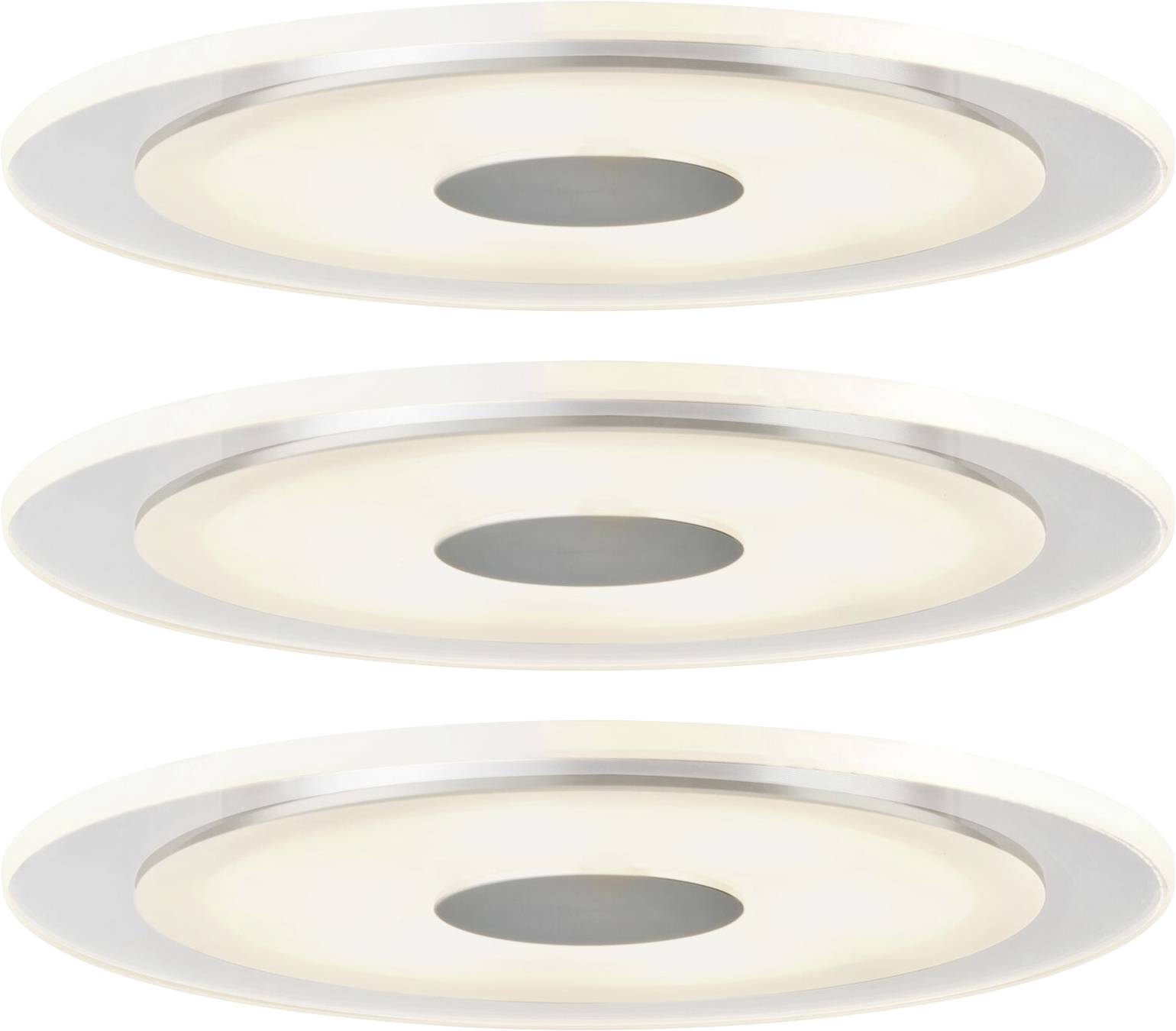 Three round, flat white LED ceiling lights with a black centre, arranged side by side on a neutral background.