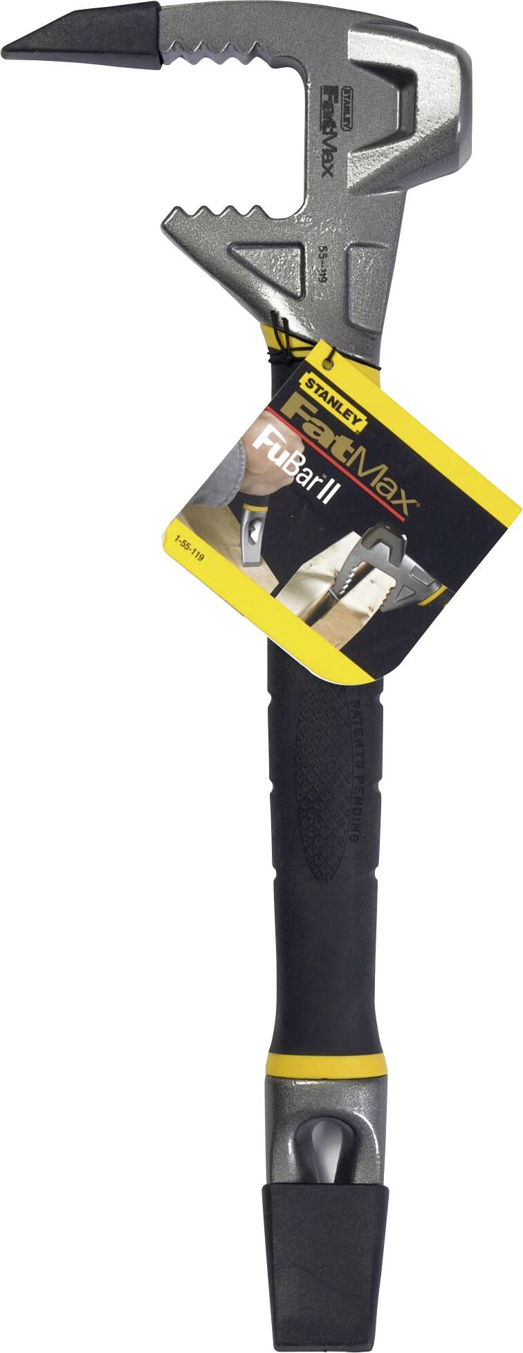 A multi-functional tool with a black handle and a metallic head, suitable for various construction tasks.