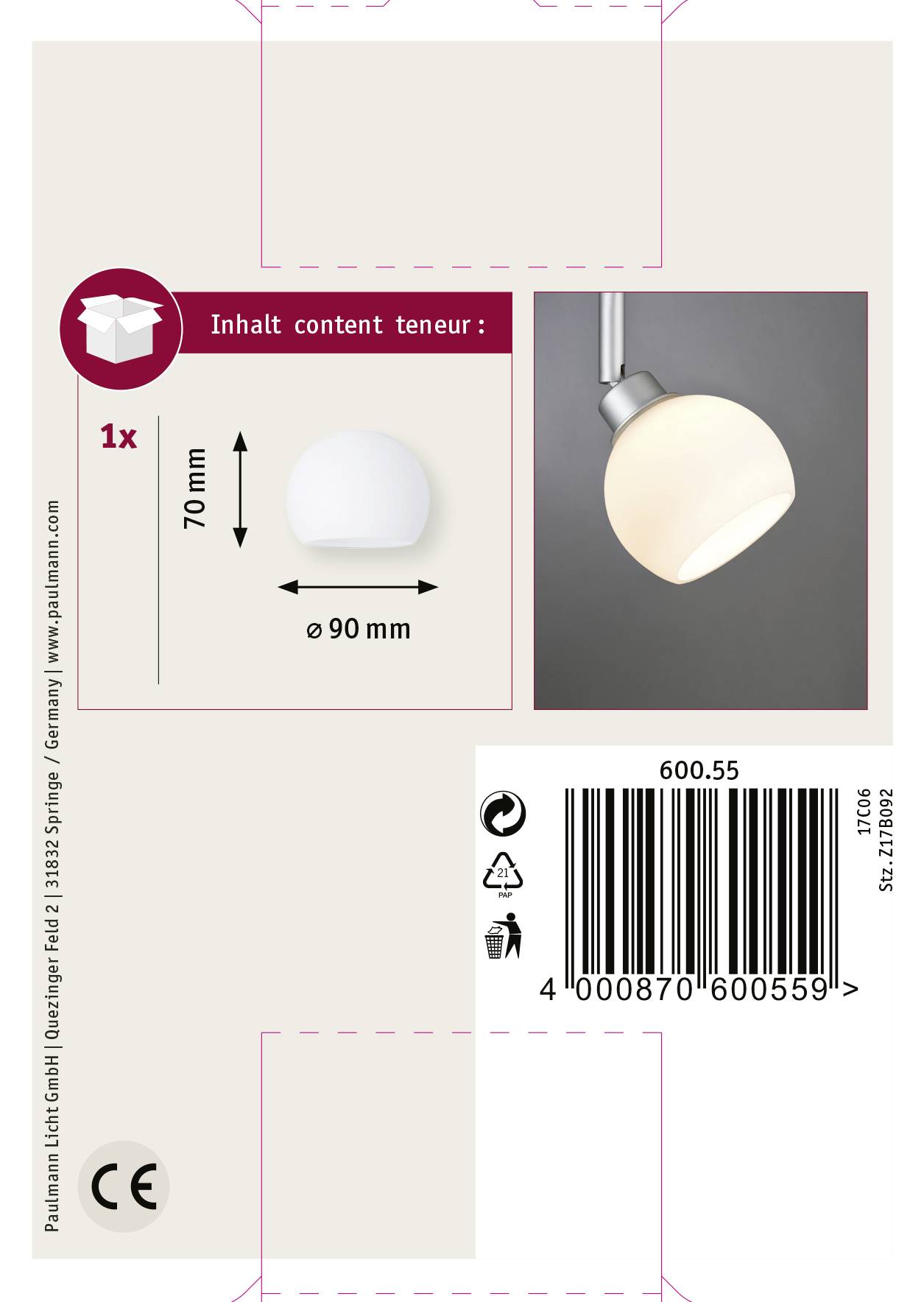 Contents: 1x Lamp, 70 mm high, diameter 90 mm. Image shows lamp with packaging details and barcode.