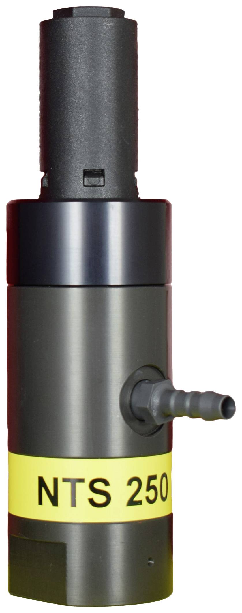 A cylindrical metal device with the inscription 'NTS 250', has a black upper section and a yellow strip with text.