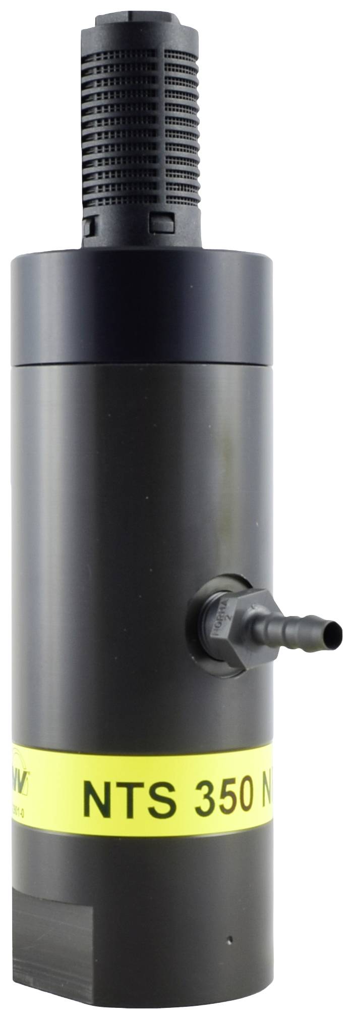 Black cylindrical technical device with a yellow label 'NTS 350 N' and a side nozzle, likely a pump or filter component.