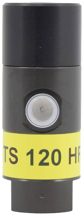 A cylindrical device with a black casing and yellow stripe, displaying 'TS 120 HR'. A circular sensor is located in the centre.