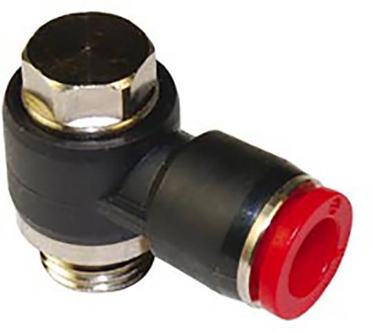 Metal and plastic angle screw connection with red connection, used for pipe connections in pneumatic systems.