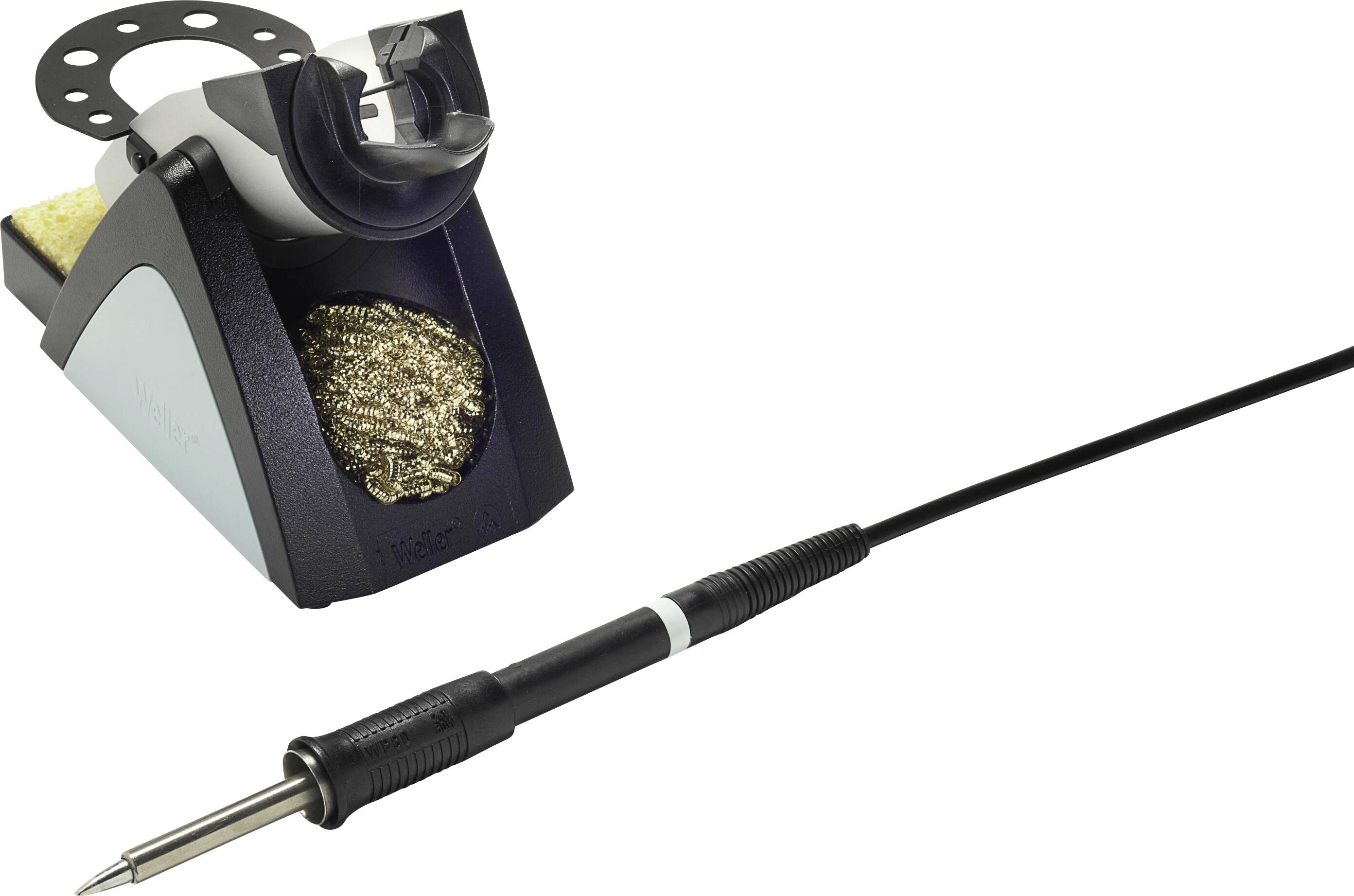 Soldering iron with a black handle and cable next to a metallic stand with cleaning material.