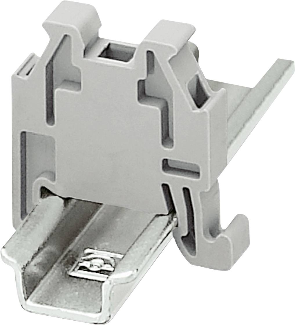 Grey plastic DIN rail mounting clip with U-shaped metal clamps for securing electrical components to a rail system.