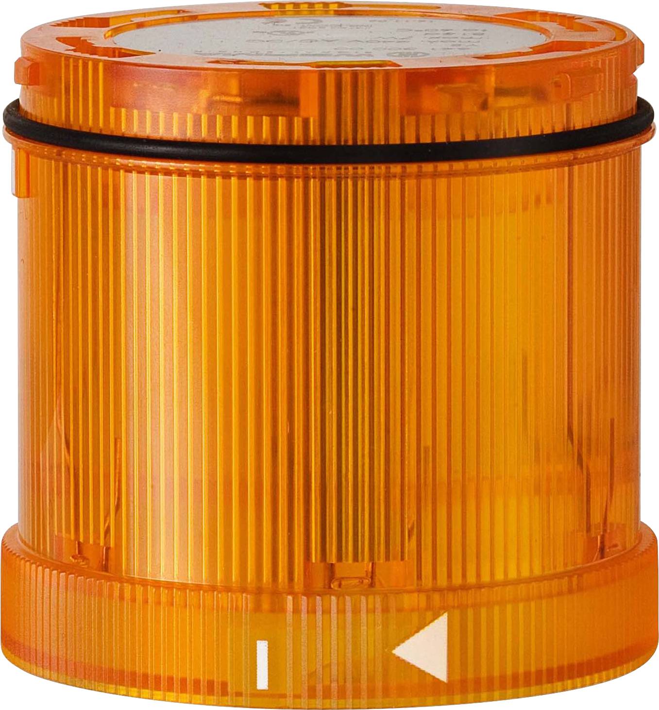 A cylindrical component made of transparent, orange-coloured plastic with black and white markings on the top surface.