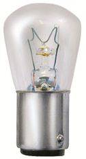 Light bulb with metal fitting, transparent glass envelope and visible filament.