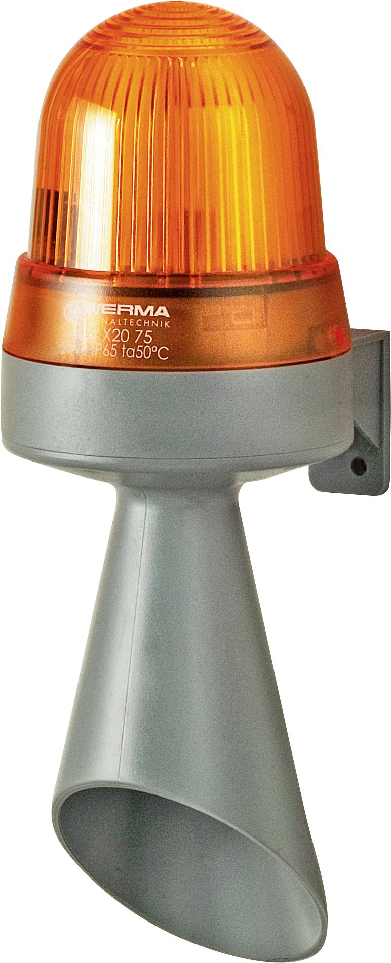 An orange emergency rotating beacon light with an attached gray mounting bracket, used for signaling or alert purposes.