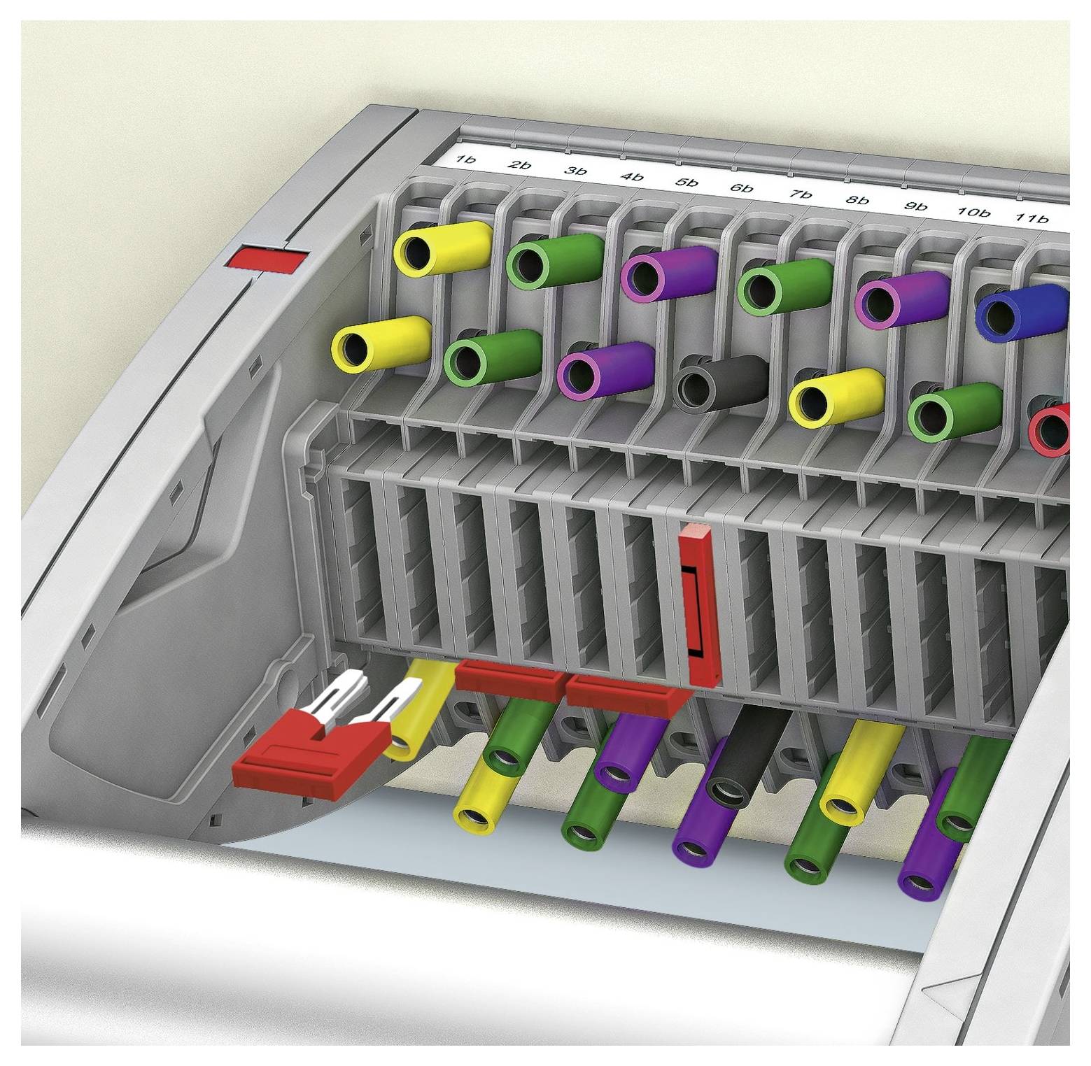 A close-up image of a fuse box with various colored fuses and slots, numbers labeled for organization, and two red components highlighted.