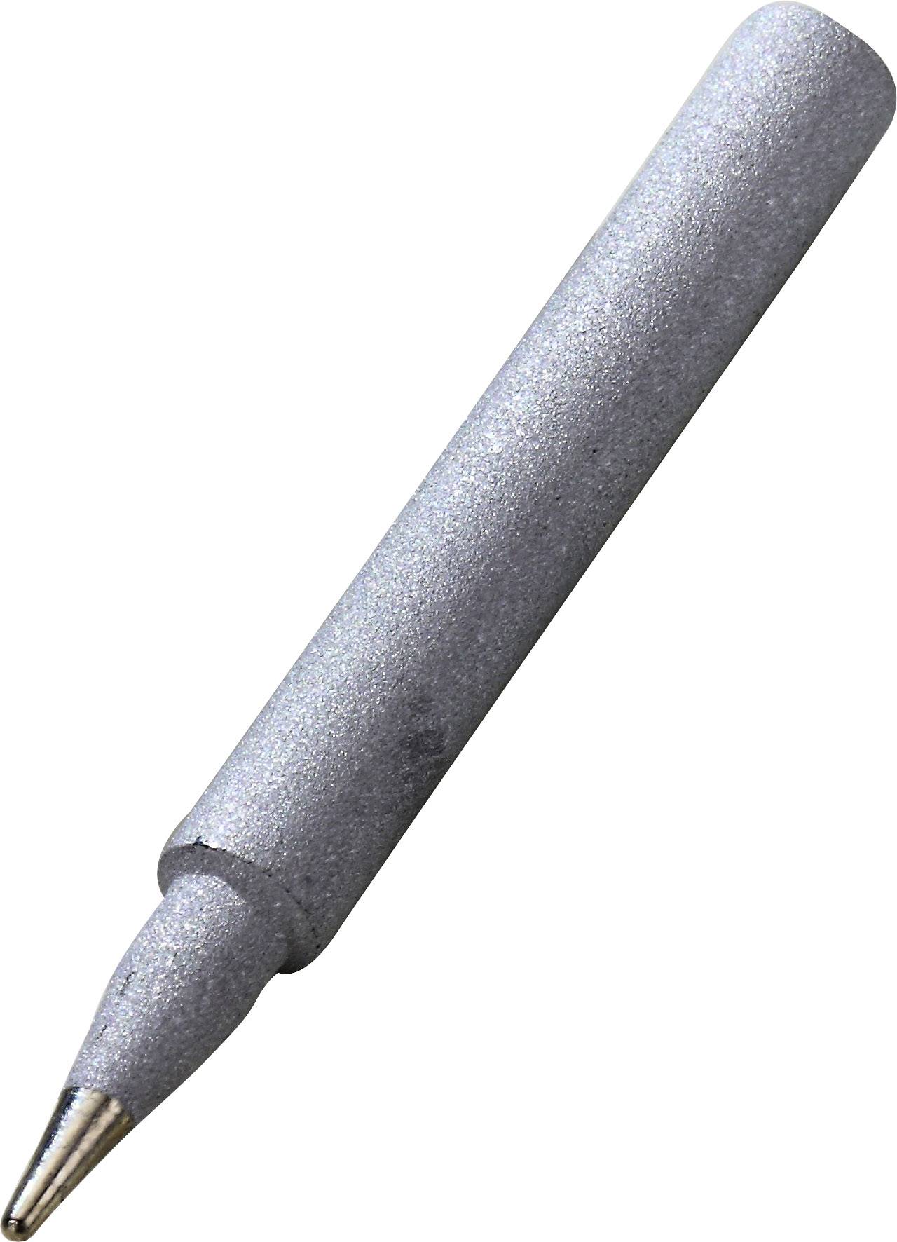 A silver soldering iron tip with a pointed end, diagonally depicted from top left to bottom right.