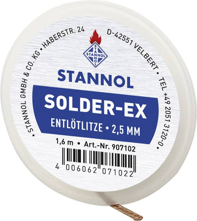 Desoldering Braid by Stannol, 2.5 mm diameter, length 1.6 m. Product name 'SOLDER-EX', Article number 907102. Manufacturer details including address and contact information.