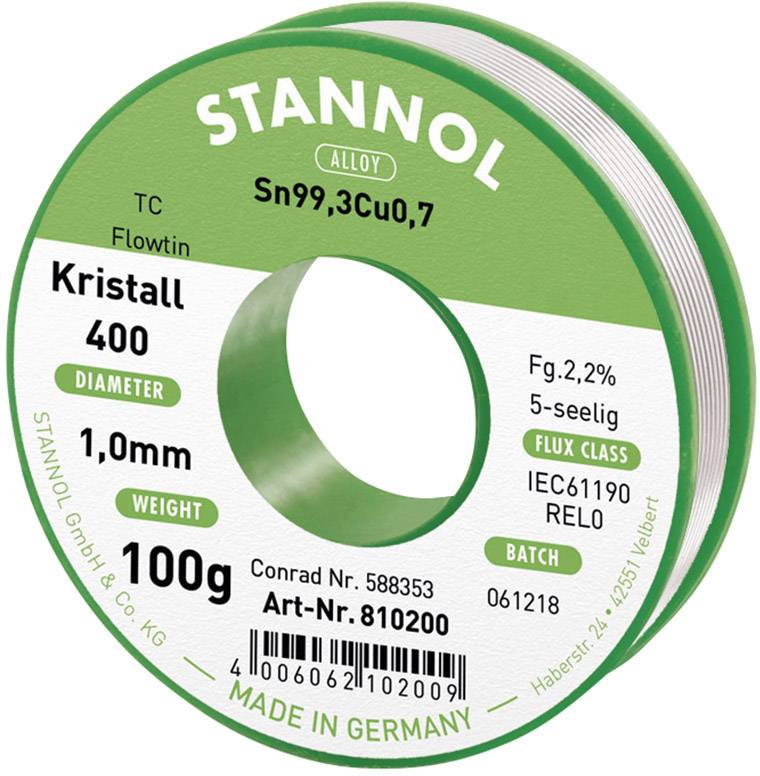 Solder Tin Reel by 'Stannol' brand, 100g weight, 1mm diameter. Alloy: Sn99.3Cu0.7. Flux: 2.2%, Class: RE L0. Manufactured in Germany.