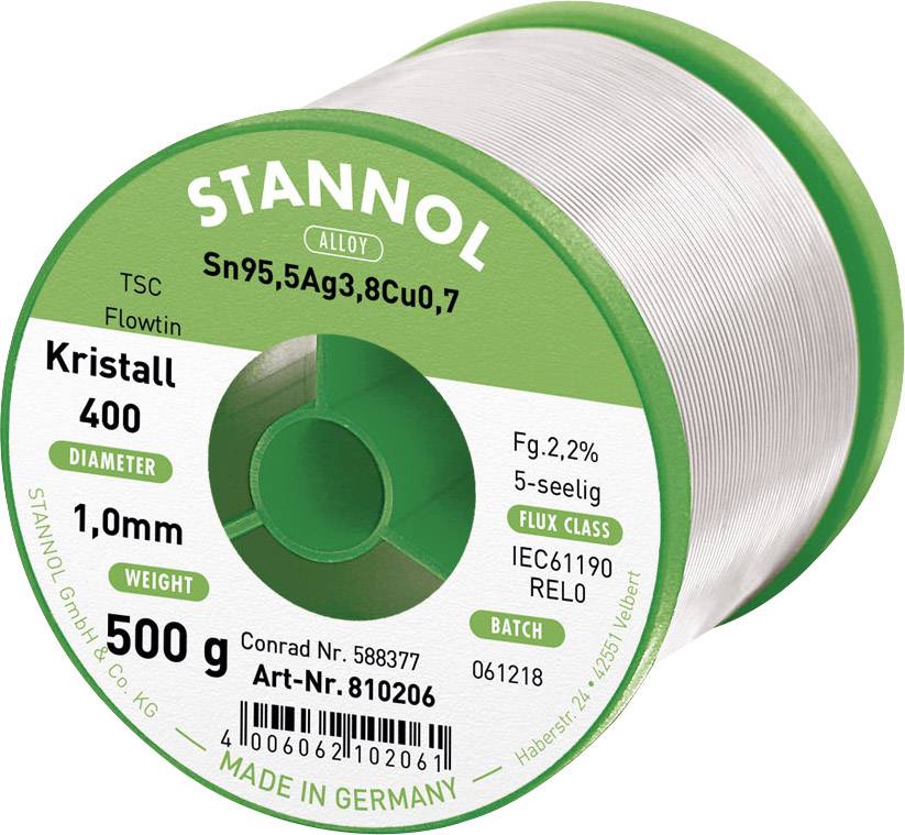 Solder wire reel by Stannol, model Kristall 400, diameter 1.0 mm, weight 500 g, with 95.5% tin, 3.8% copper.