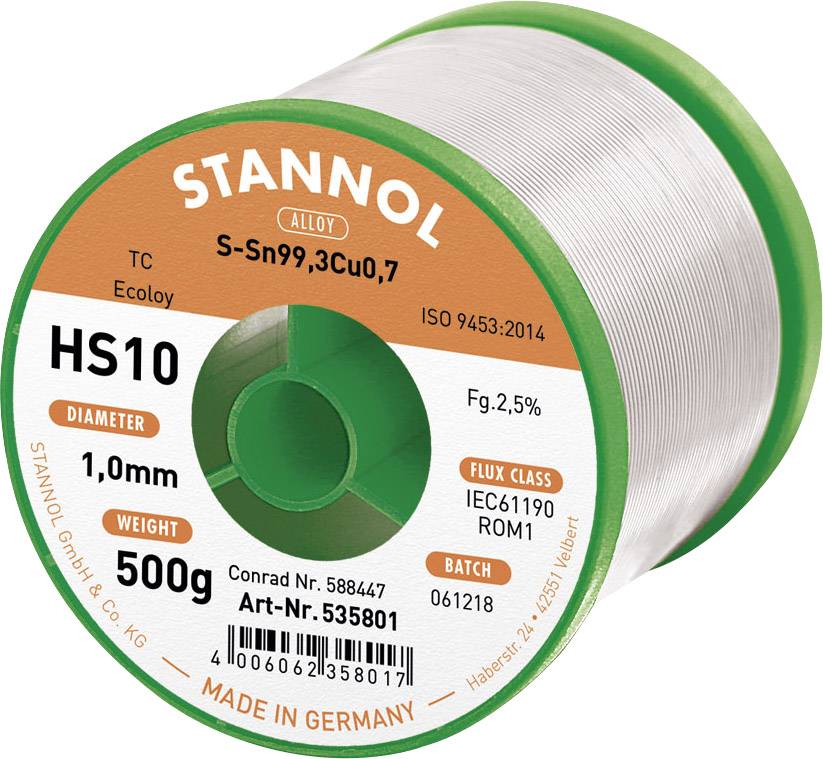 Solder Tin Reel Stannol HS10, Diameter 1.0 mm, Weight 500 g, Flux Content 2.5%, Manufactured in Germany.