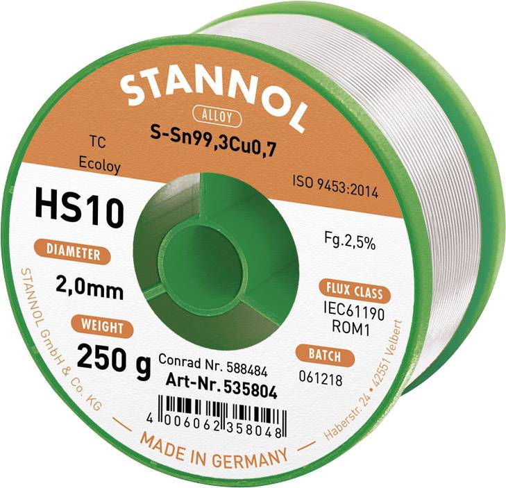 Solder Tin Reel by Stannol, Model HS10. Diameter 2.0 mm, Weight 250 g, Alloy: S-Sn99.3Cu0.7. Made in Germany.