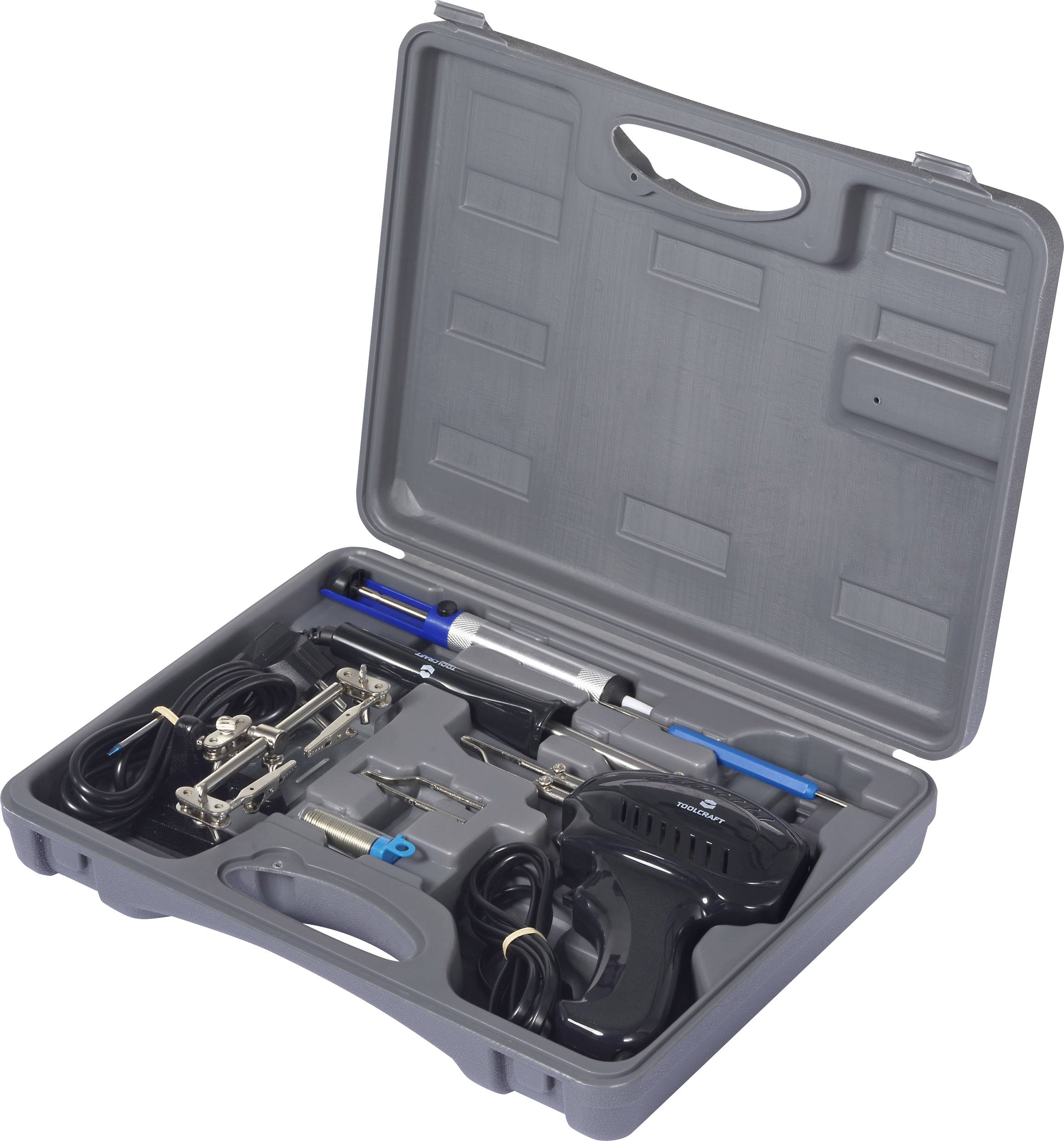 Open grey toolbox with soldering iron set: soldering iron, stands, cables and accessories for electronics repair.