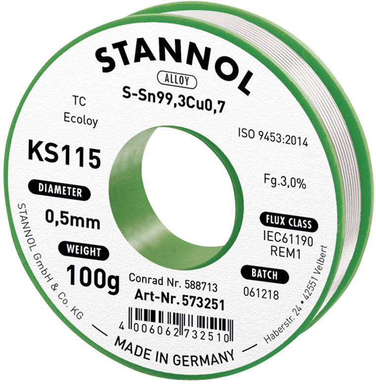 Stannol KS115 Solder, lead-free Reel Sn99,3Cu0,7 ROM1 100 g 0.5 mm