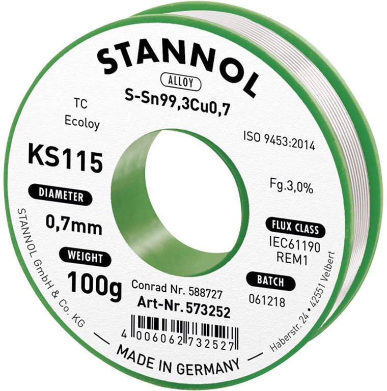 Stannol KS115 Solder, lead-free Reel Sn99,3Cu0,7 ROM1 100 g 0.7 mm