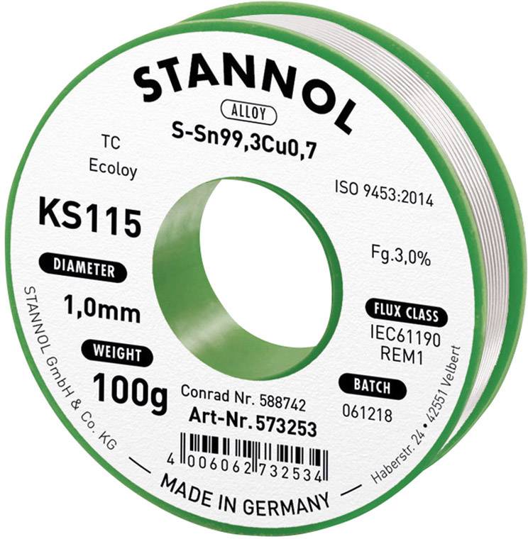 Stannol KS115 Solder, lead-free Reel Sn99,3Cu0,7 ROM1 100 g 1 mm