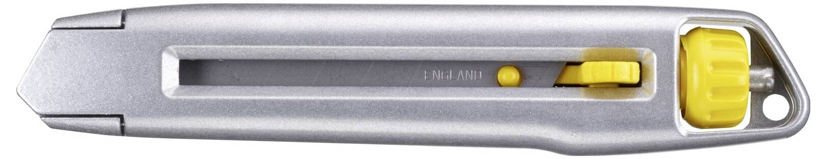 Silver universal knife with yellow adjustment dial and sliding mechanism for extending the blade.