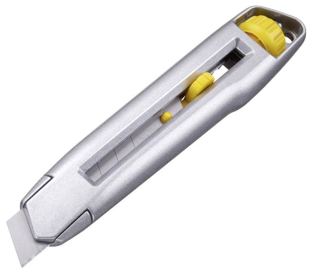 A silver craft knife with a yellow slider and blade, suitable for cutting paper and cardboard.