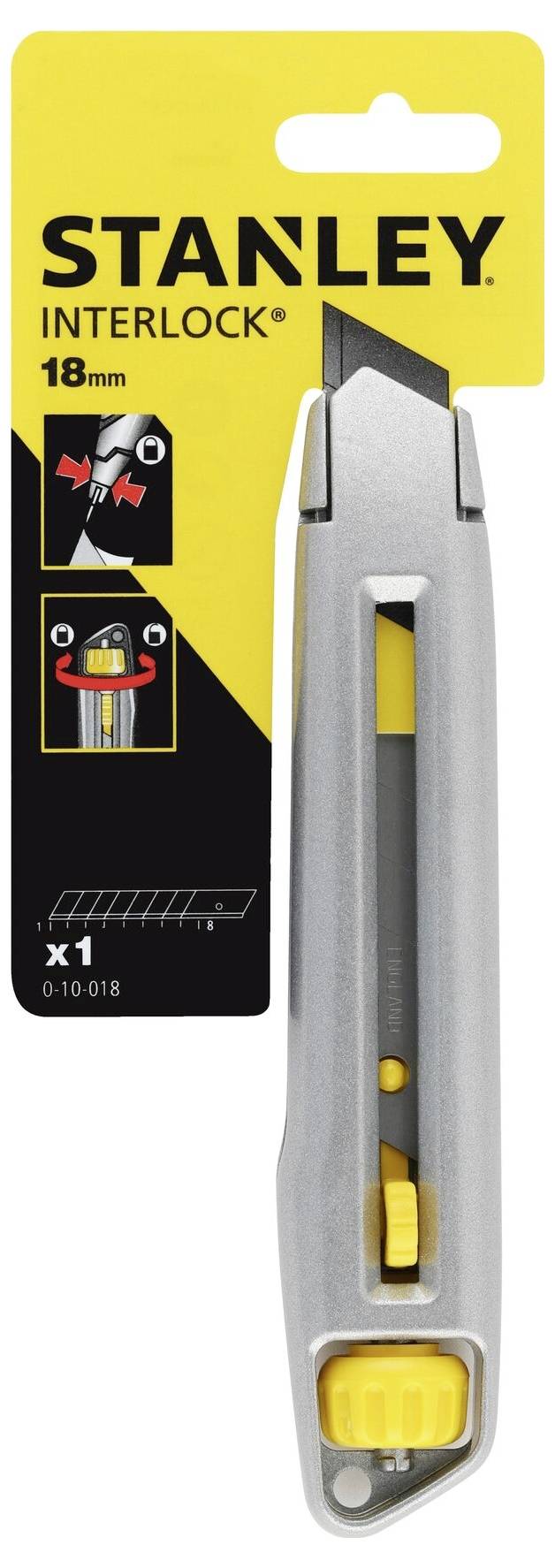 A silver Stanley Interlock utility knife with a yellow slider. Pictograms show blade replacement and usage instructions. 18 mm blade width.