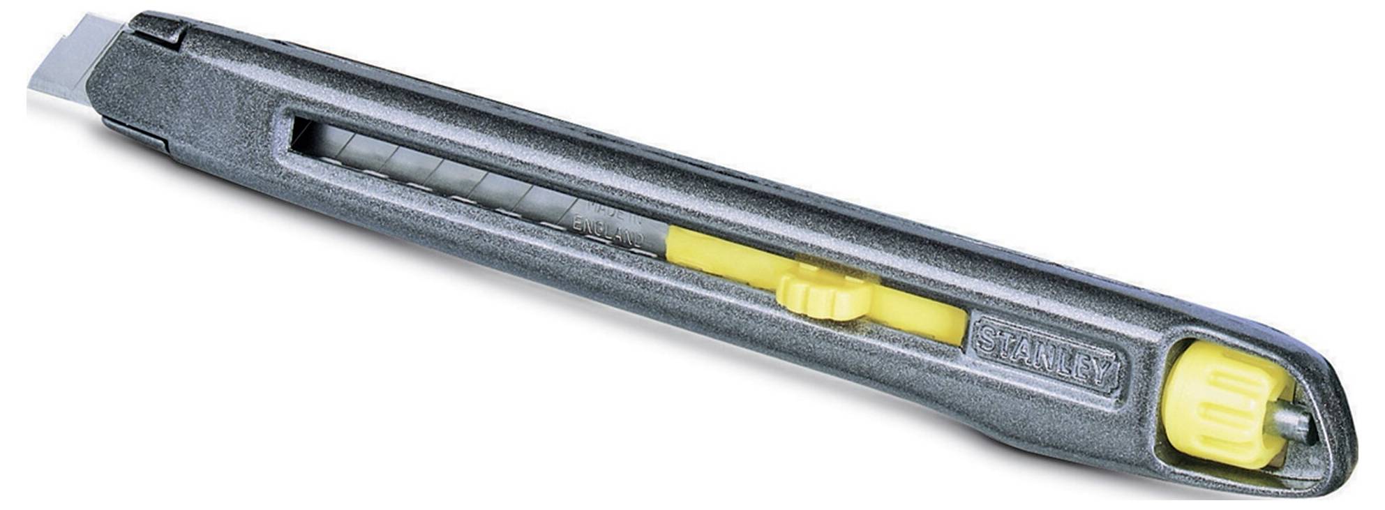 Metallic utility knife with a yellow wheel to lock the blade, primarily used for cutting paper or thin materials.