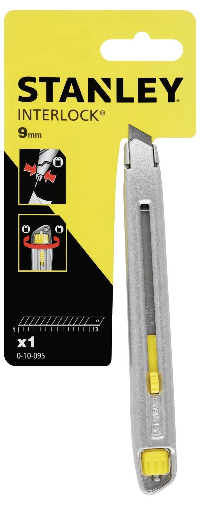 A silver Stanley interlock cutter knife with a yellow slider, packaging shows instructions for blade locking and replacement.